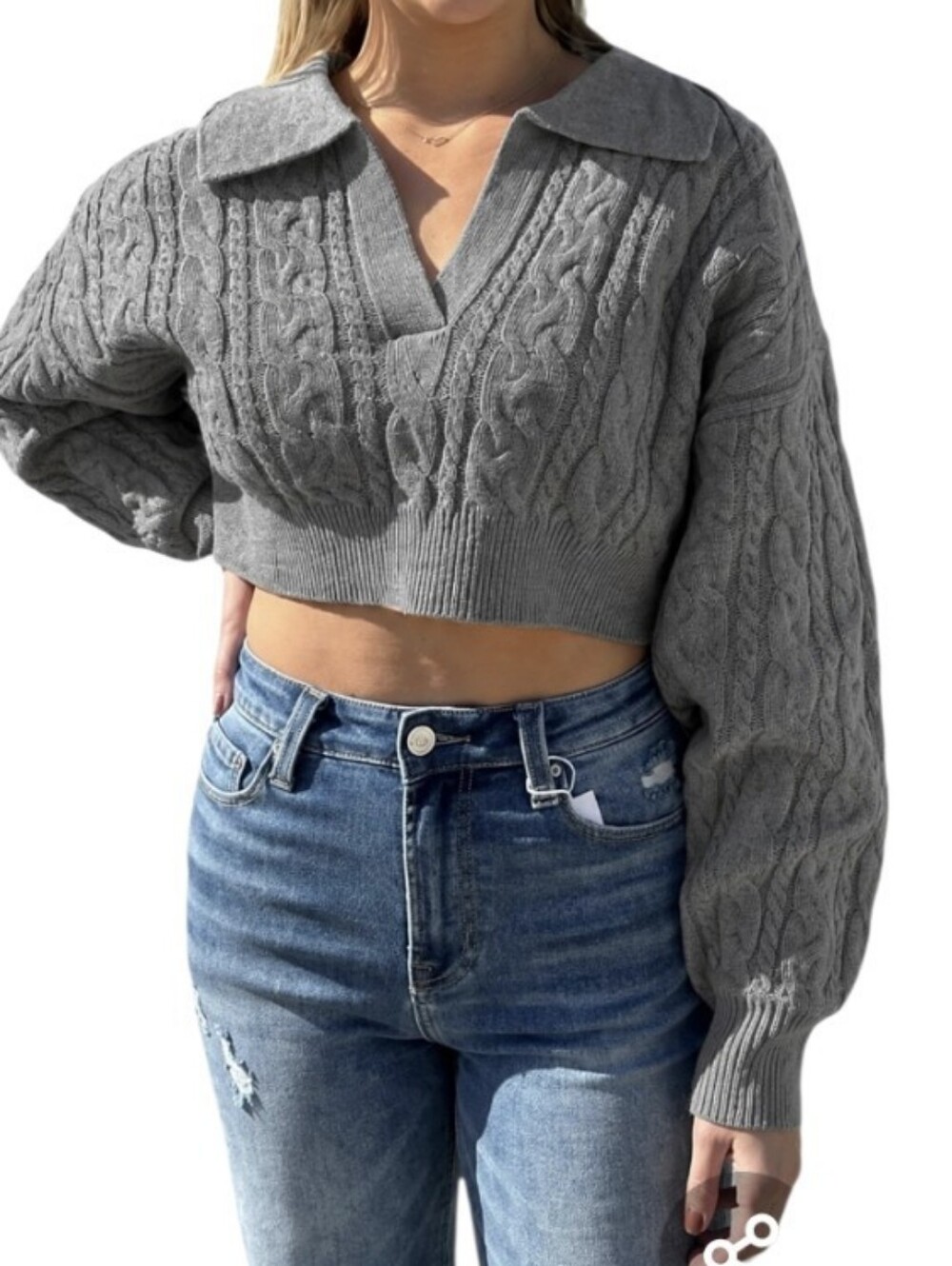 Mable Medium Gray Cabke Knit Cropped Sweater - S. S11